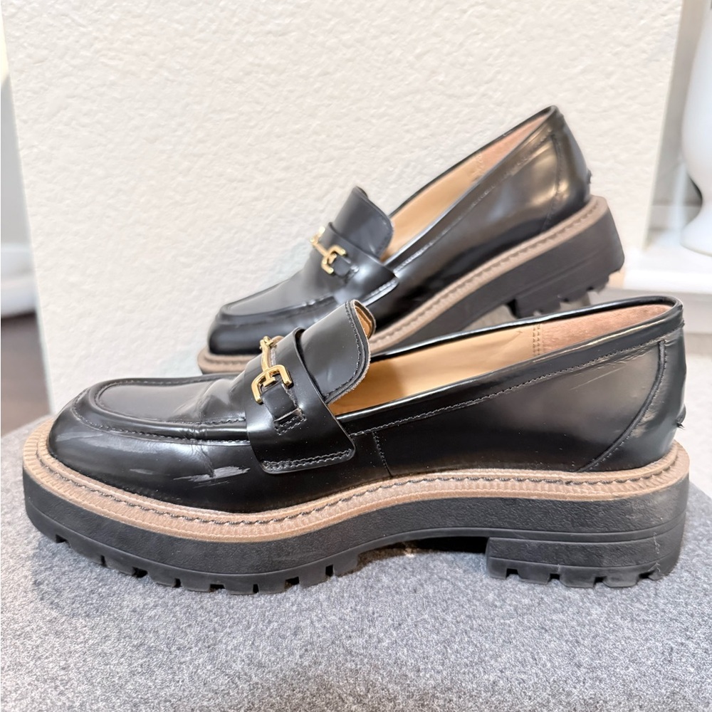 Sam Edelman Black Leather Platform Loafers with Gold Buckle